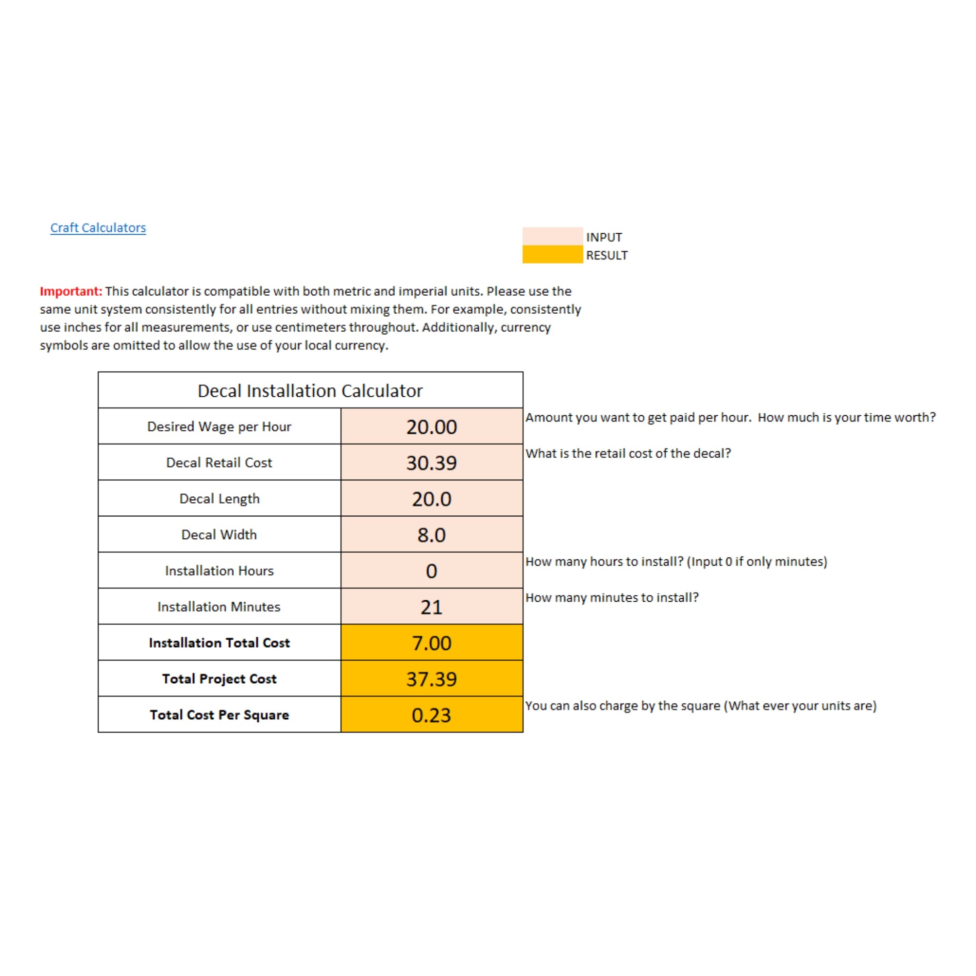 Decal Installation Calculator
