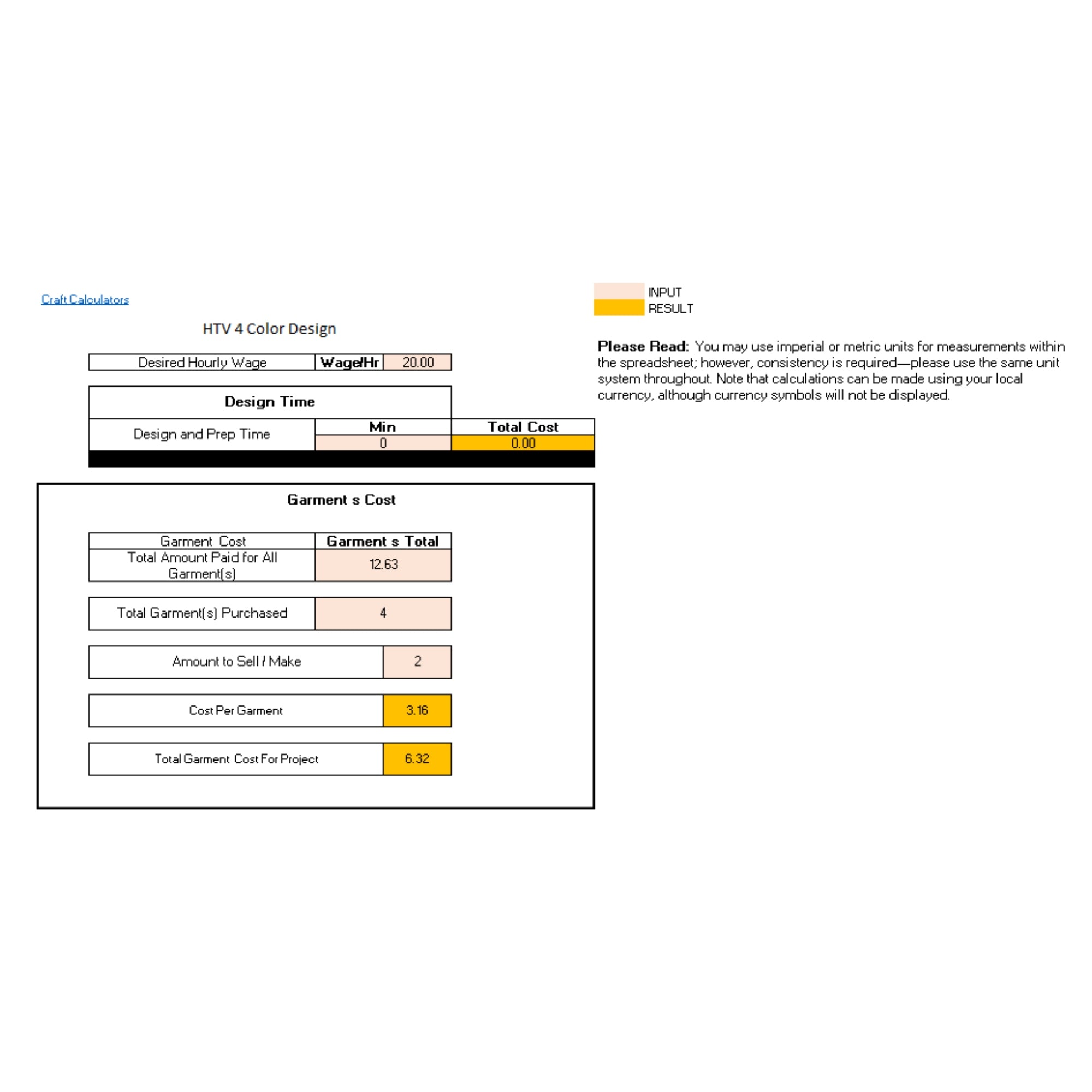 HTV 4 Color Design Product Cost Calculator (Universal Products)