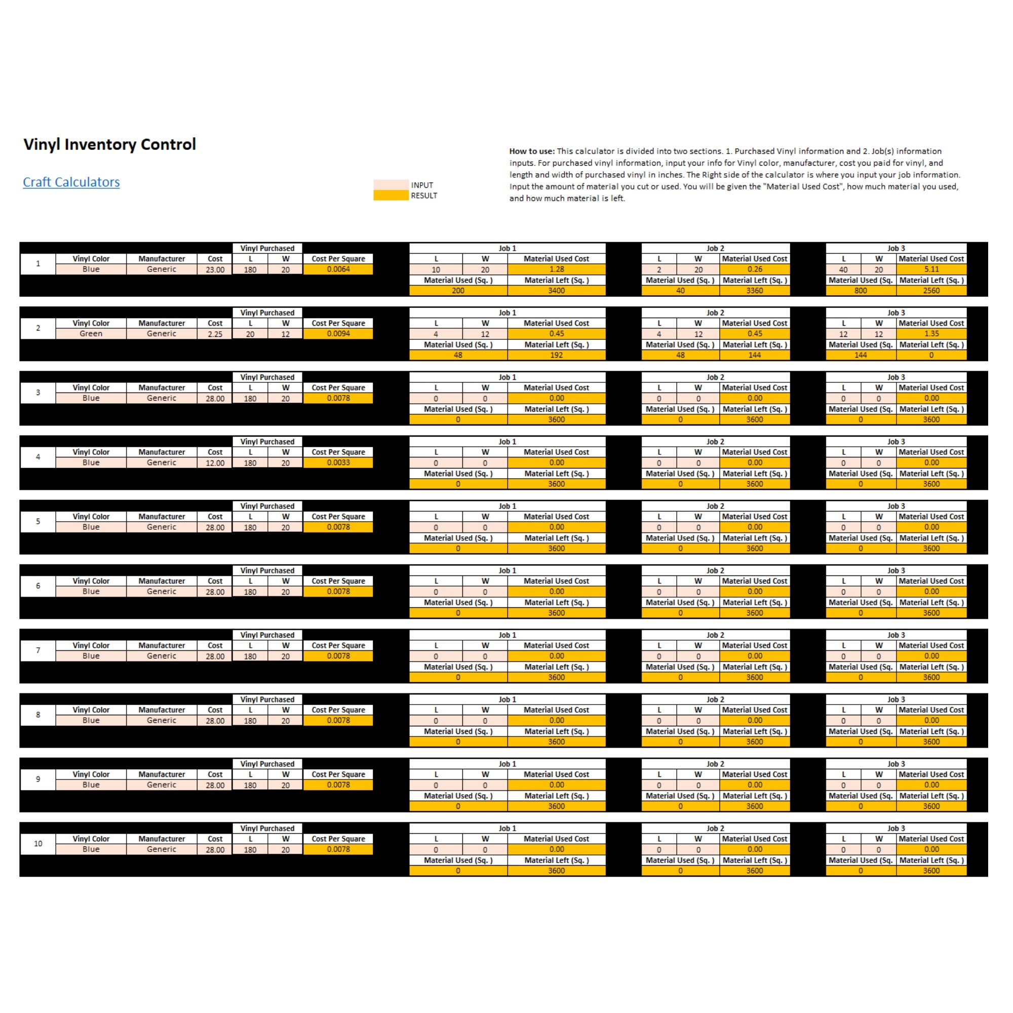 Vinyl Inventory Tracking Spreadsheet - Manage Up to 10 Colors & Jobs