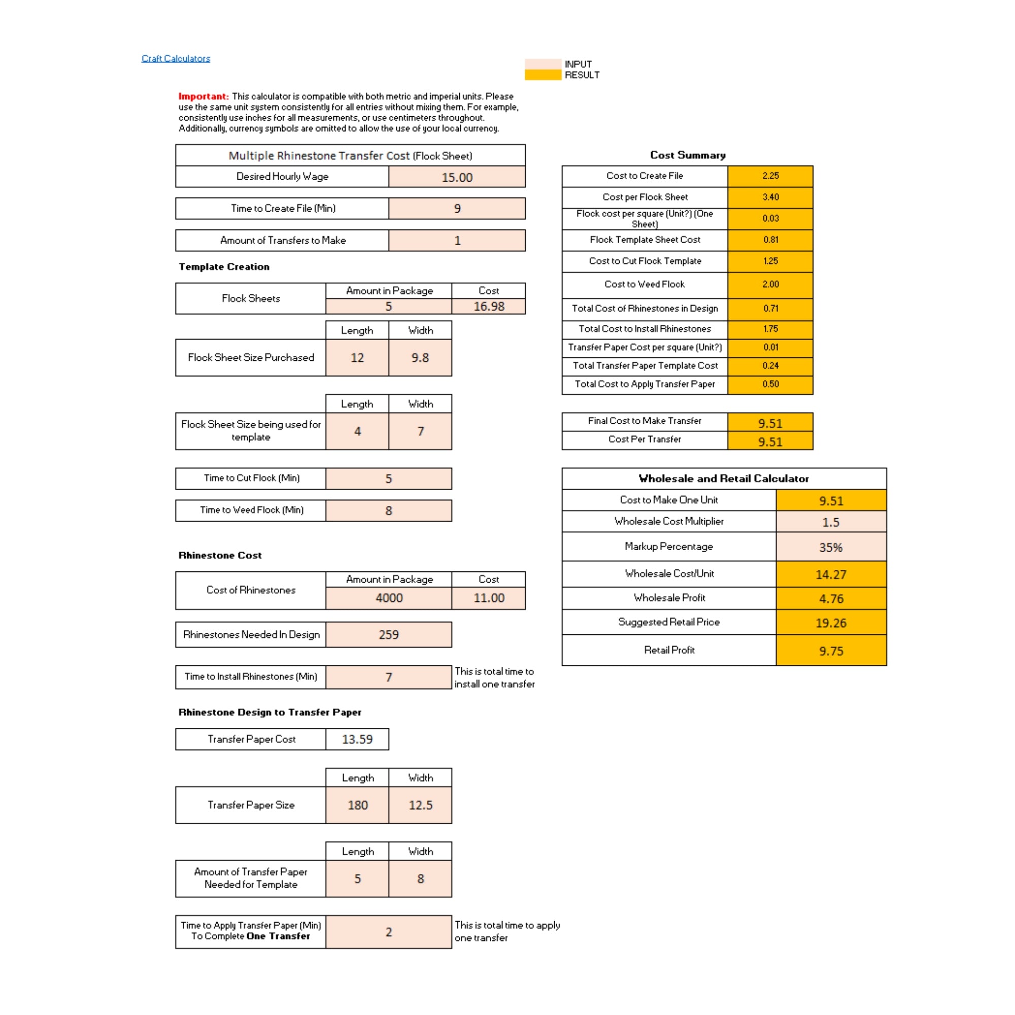 Multiple Rhinestone Transfer Cost Calculator (Flock Sheets)