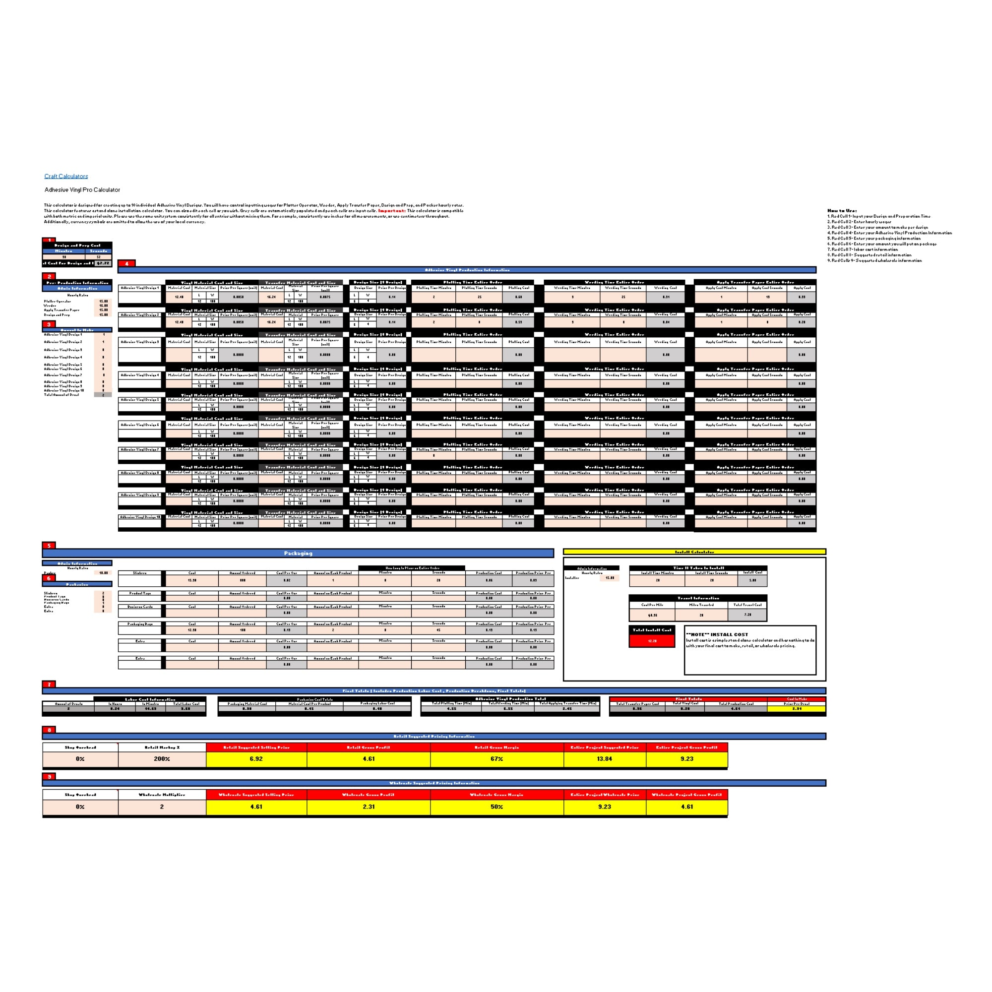 Screenshot of the Advanced Adhesive Vinyl Decal Pricing Calculator illustrating editable features in Google Sheets and Excel.